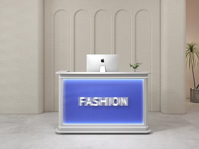 Modern Fashion Reception Desk With Computer And Arched Background Wall Design 3d model