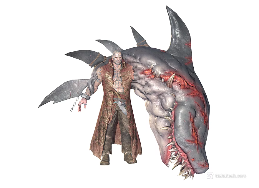 Game Movie Character In Long Trench Coat With Giant Spiked Bloodstained Shark Head Creature 3d model 