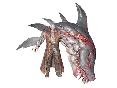 Game Movie Character In Long Trench Coat With Giant Spiked Bloodstained Shark Head Creature 3d model