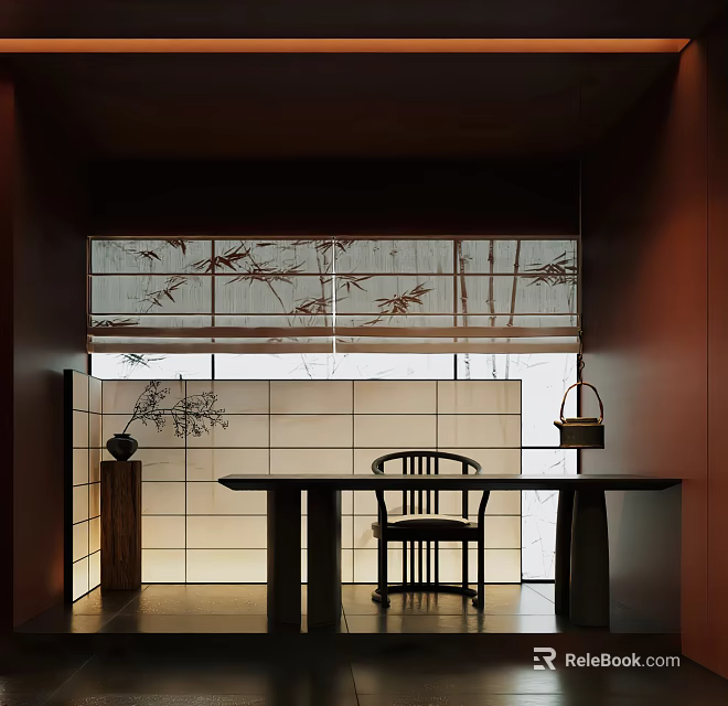 Warm Lit Traditional Tea Room Interior With Wooden Table Chair And Bamboo Blinds 3d model 