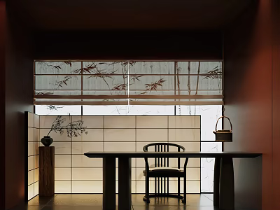 Warm Lit Traditional Tea Room Interior With Wooden Table Chair And Bamboo Blinds 3d model