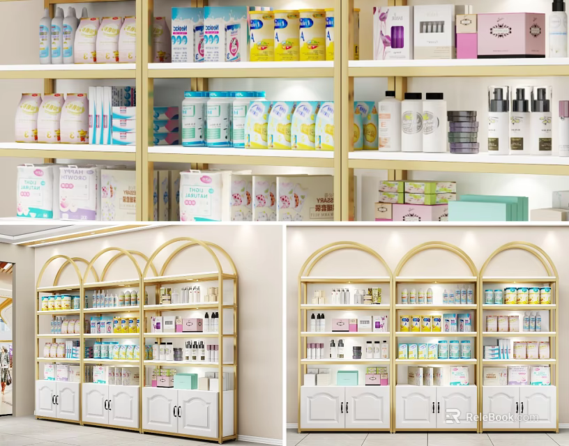 Modern Display Shelves with Arched Design and Skincare Products in Retail Store 3d model