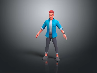 3D Model Standing Man with Red Hair Blue Shirt Gray Pants and Gray Shoes 3d model