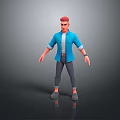 3D Model Standing Man with Red Hair Blue Shirt Gray Pants and Gray Shoes