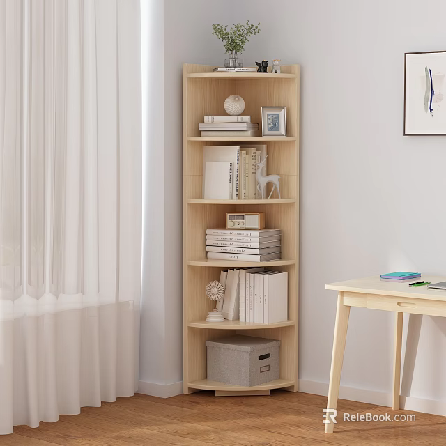 Modern Wooden Bookshelf In Study Corner With Books And Decorative Ornaments 3d model 