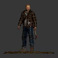 Man In Plaid Shirt And Jeans Standing With Axe On Muddy Ground Front Back View 3d model