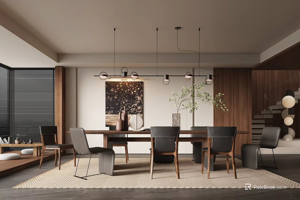Modern Restaurant Interior Featuring Wooden Dining Table Pendant Lights Decorative Artwork And Green Plant 3d model 