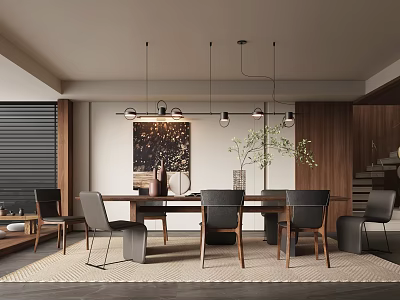 Modern Restaurant Interior Featuring Wooden Dining Table Pendant Lights Decorative Artwork And Green Plant 3d model