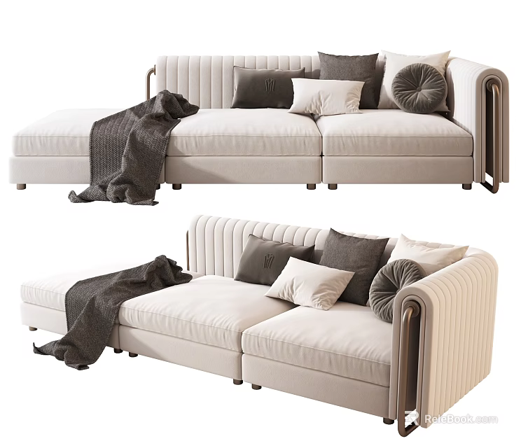 Modern Cream Three Seater Sofa With Gray White Round Pillows Dark Blanket And Metal Armrests 3d model 