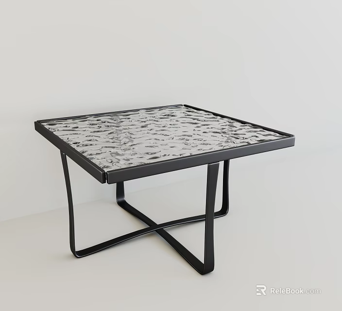 Stylish Square Coffee Table With Patterned Glass Top And Black Metal Cross Frame 3d model 