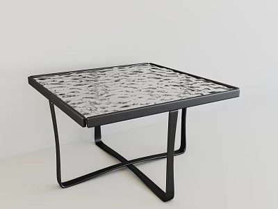 Stylish Square Coffee Table With Patterned Glass Top And Black Metal Cross Frame 3d model