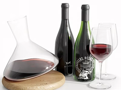 Red Wine Decanter with Wine Bottles and Glasses on Wooden Board 3d model