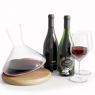 Red Wine Decanter with Wine Bottles and Glasses on Wooden Board 3d model