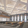 Modern Conference Room Interior With Arranged Chairs Large Screen Geometric Pendant Lights Windows Purple Curtains