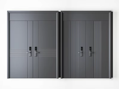 Modern Gray Double Doors With Striped Patterns And Metal Handles Design 3d model