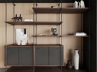 Modern Wooden Metal Shelving Unit With Storage Cabinets Books And Decorative Vases 3d model