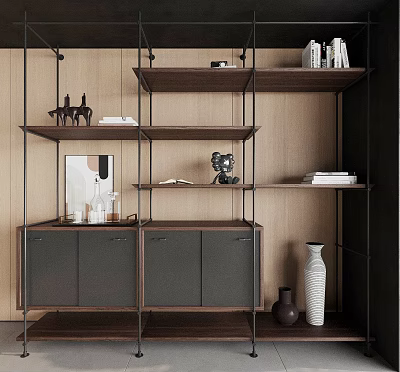 Modern Wooden Metal Shelving Unit With Storage Cabinets Books And Decorative Vases 3d model