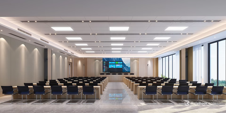 Modern Conference Room Interior With Rows Of Chairs Large Screen And Bright Overhead Lighting 3d model 