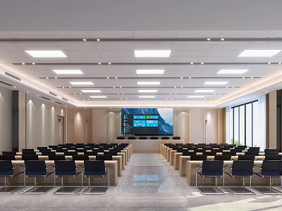 Modern Conference Room Interior With Rows Of Chairs Large Screen And Bright Overhead Lighting 3d model