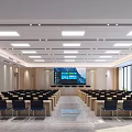 Modern Conference Room Interior With Rows Of Chairs Large Screen And Bright Overhead Lighting