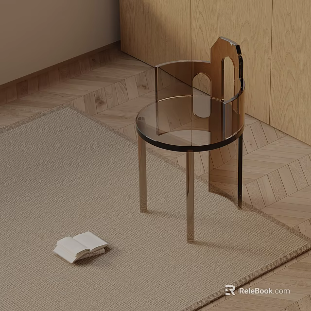 Modern Transparent Acrylic Dining Chair With Metal Legs On Wooden Floor Rug And Open Book 3d model 