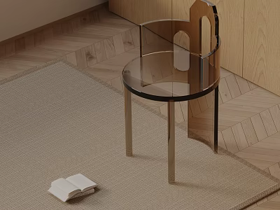 Modern Transparent Acrylic Dining Chair With Metal Legs On Wooden Floor Rug And Open Book 3d model