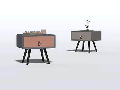 Two Modern Dark Gray Bedside Tables Featuring Light Brown Drawer Black Legs And Small Vase 3d model