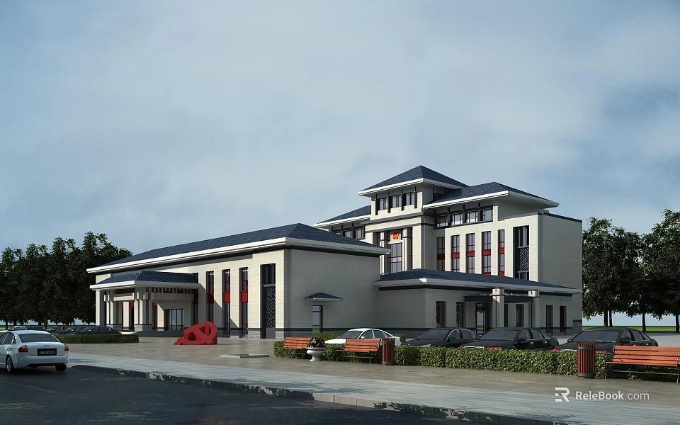 Modern Office Building With Chinese Style Roof White Exterior Large Windows Parking And Green Plants 3d model 