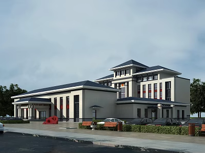 Modern Office Building With Chinese Style Roof White Exterior Large Windows Parking And Green Plants 3d model