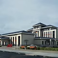 Modern Office Building With Chinese Style Roof White Exterior Large Windows Parking And Green Plants