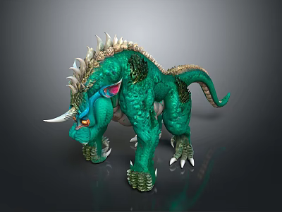 Green Fantasy Creature With Spiked Back Horn Colorful Ears And Sharp Claws 3d model