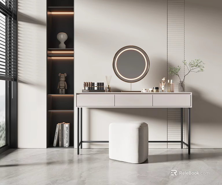 Modern Dressing Table With Round Mirror Cosmetic Items And White Stool 3d model 
