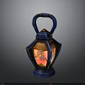 Decorative Blue Lantern With Intricate Patterns Ornate Handle And Illuminated Pink Light
