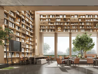 Lounge Area Featuring Spacious Windows Abundant Bookshelves Indoor Greenery And Cozy Seating 3d model
