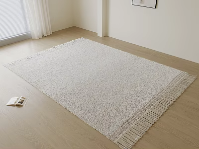 Plush Light Gray Square Rug With Fringed Edges On Wooden Floor In Minimalist Room 3d model