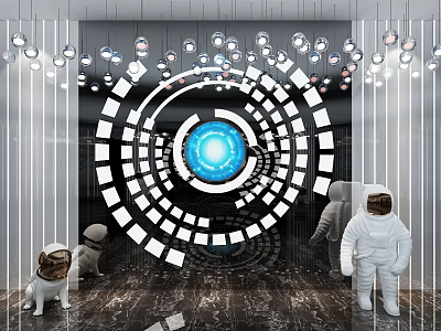 Background Wall With Blue Glowing Center Circular Patterns Astronaut Dog Figures Ceiling Lights Marble Floor 3d model