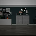 Modern Console Cabinet And Side Cabinet With Green Wall Photo Frames Decorations Vase Table Lamp