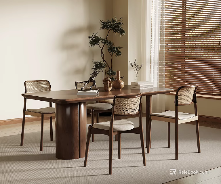 Wooden Dining Table With Woven Backrest Chairs Vase Books Potted Plant And Window Blinds 3d model 