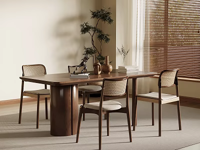 Wooden Dining Table With Woven Backrest Chairs Vase Books Potted Plant And Window Blinds 3d model