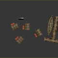 Ancient Wooden Water Transport Vessel With Small Huts Dock And Fence Structure