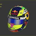 Weapon Style Helmet Featuring Red Bull Honda Kimi Logos In Blue Yellow Design