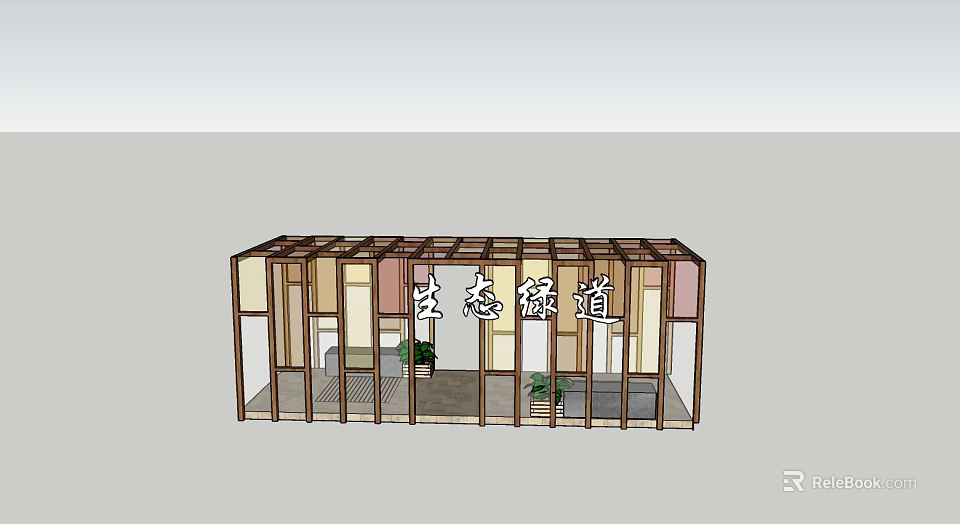 Ecological Greenway Pergola Design With Wooden Frame And Green Plants 3d model 