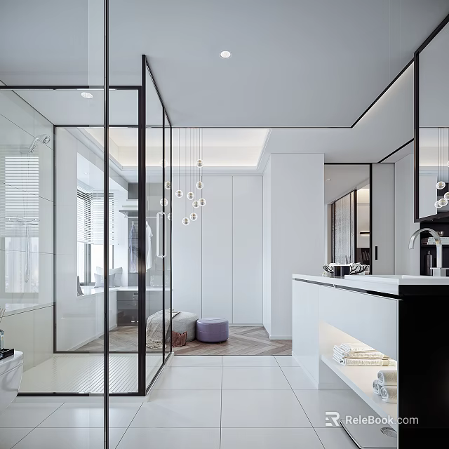 Modern Bathroom Interior With Glass Partition Shower Double Vanity Sinks And Hanging Pendant Lights 3d model 