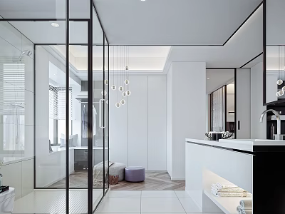 Modern Bathroom Interior With Glass Partition Shower Double Vanity Sinks And Hanging Pendant Lights 3d model