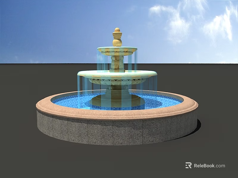 Three Tiered Garden Fountain Ornament With Gray Stone Base Blue Water And Blue Sky Background 3d model 