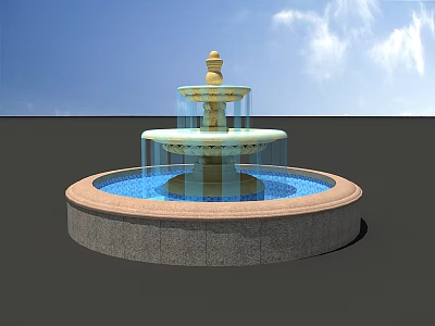 Three Tiered Garden Fountain Ornament With Gray Stone Base Blue Water And Blue Sky Background 3d model