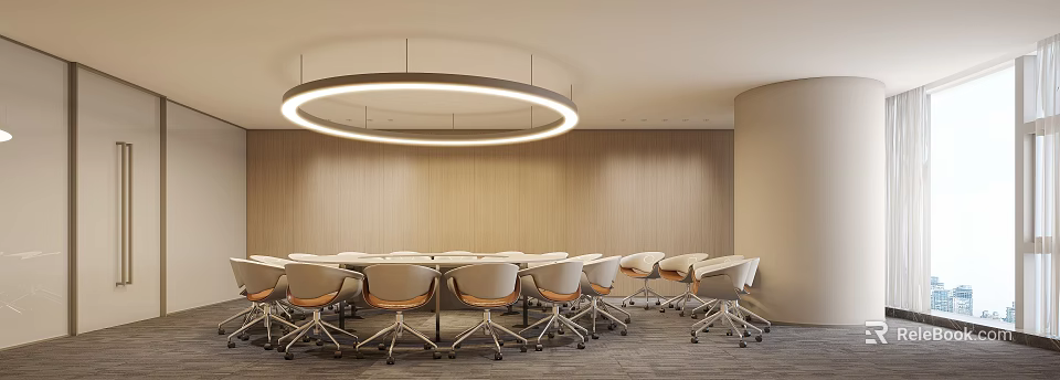 Modern Conference Room Interior With Circular Pendant Light Wooden Walls And Ergonomic Chairs 3d model 