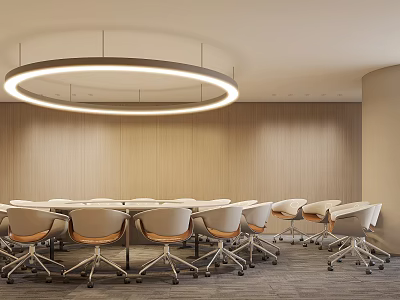 Modern Conference Room Interior With Circular Pendant Light Wooden Walls And Ergonomic Chairs 3d model