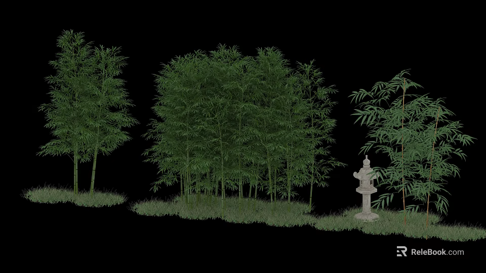 Landscape Sculpture Featuring Stone Lantern Amidst Bamboo Trees And Green Grass 3d model 