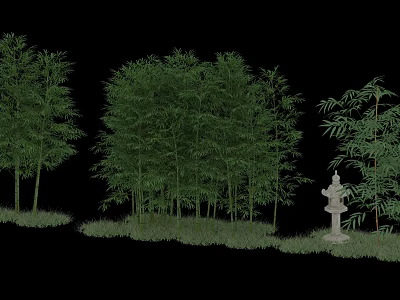 Landscape Sculpture Featuring Stone Lantern Amidst Bamboo Trees And Green Grass 3d model